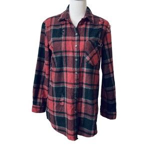 Dex Distressed Flannel Shirt Women's Sz M Plaid Striped Red Black Gray Gothic